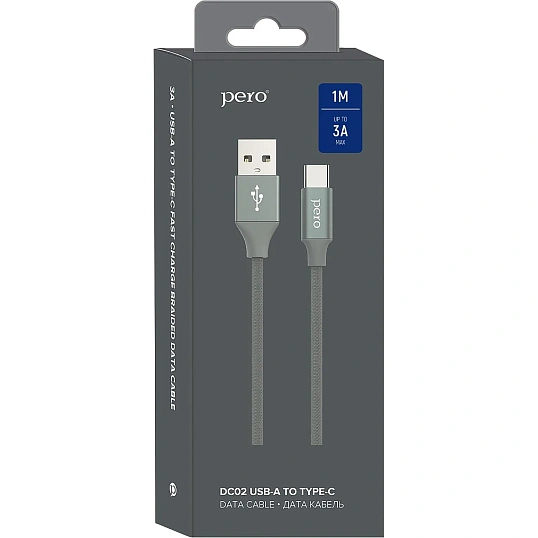 Кабель USB PERO DC-02 Type-C, 3А, 1м, серый