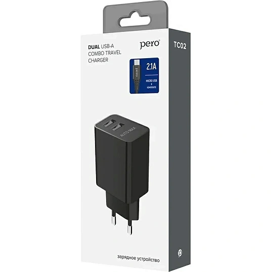 Зарядное устройство сет. PERO TC02 2USB 2.1A c каб. Micro USB черный