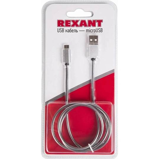 Кабель USB 2.0 - Micro USB, М/М, 1 м, металл, Rexant, сереб, 18-4241