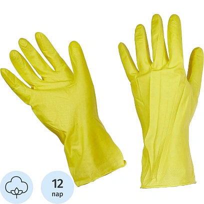 Перчатки резиновые латекс хлопковое напыление желтый р-р L ЭКОНОМ 12пар/уп