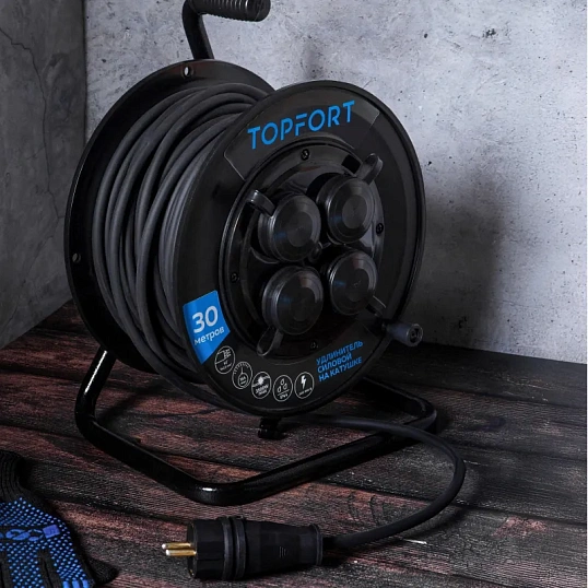 Удлинитель Topfort пласт. КГ 3x2,5 кв.мм 30м 16А 4 гнезда с/з.,с/загл.,IP44