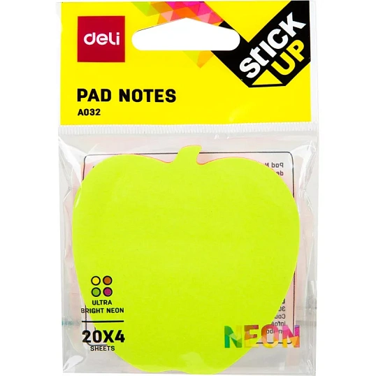 Стикеры с клеевым краем Deli 76х76 мм,20 листов,неон-е,форма в асс-те      