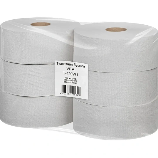 Бумага туалетная д/дисп 1сл бел макул втул 420м 6рул/уп 420W1