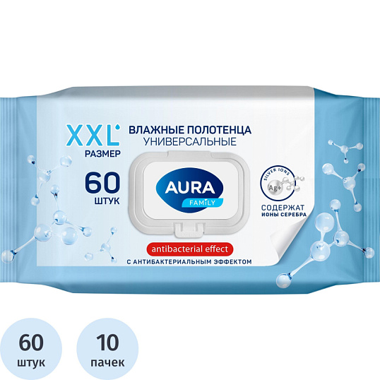 Полотенца влажные AURA FAMILY с антиб.эфф. big-pack с крышкой 60шт/уп КК/10