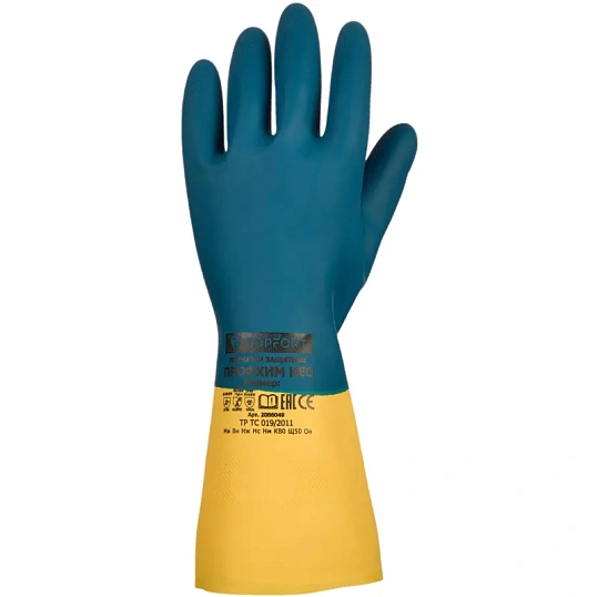 Перчатки КЩС латекс/неопрен TOPFORT Профхим Нео К80 Щ50 цв.желт/син р.10