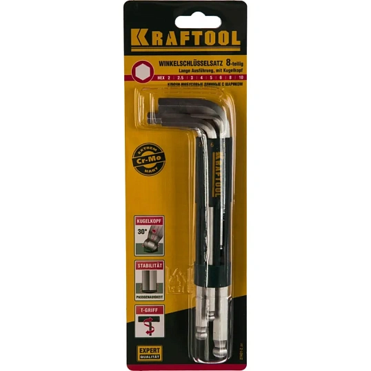 Набор ключей имбусовых KRAFTOOL,длинные с шариком,HEX 2-10мм, 8пред 27431-2