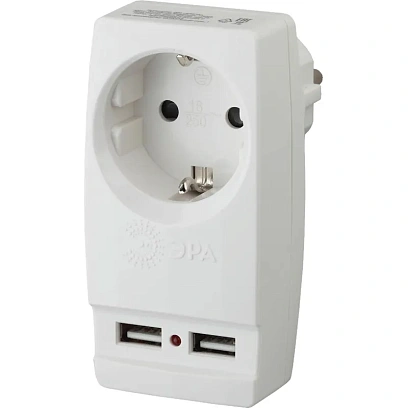 Тройник ЭРА 1 розетка, 2 USB, белый (SP-1e-USB-W)