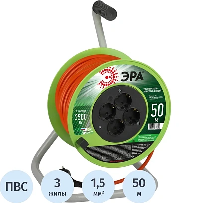 Удлинитель силовой ЭРА ПВС3х1,5мм2 50м на пласт.кат. c/з 4 розетки,Б0056104