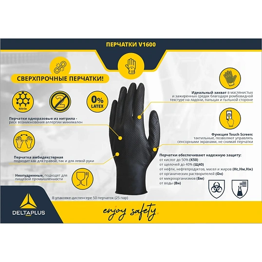Перчатки одноразов. нитрил DELTA PLUS V1600B50 черные р.М (7/8)25 пар/уп