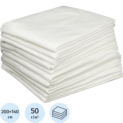 Простыня 200x140, спанлейс, пл.50, белый, 10шт/уп, штучно, 00-023