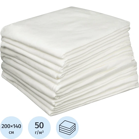 Простыня 200x140, спанлейс, пл.50, белый, 10шт/уп, штучно, 00-023