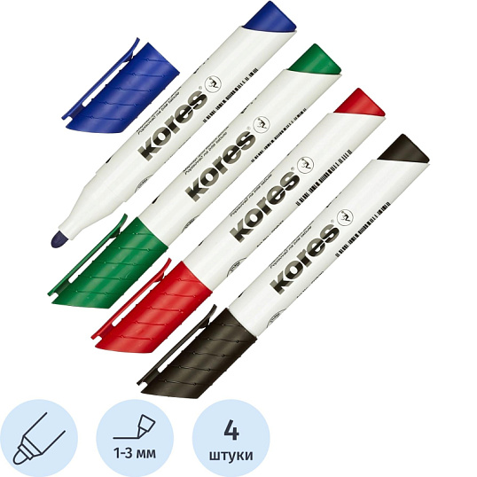 Набор маркеров для белых досок KORES с губкой 3мм 4шт/уп 20863