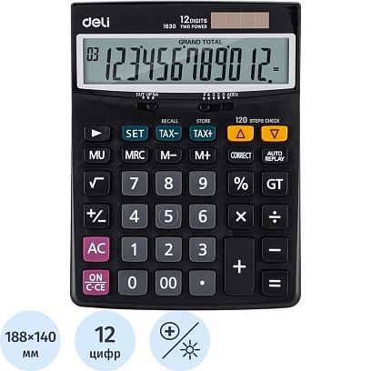 Калькулятор настольный ПОЛНОРАЗМ. Deli E1630, 12-р, дв.пит,188x140мм,черн