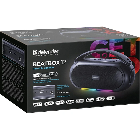 Акустическая система Defender Beatbox 12 12Вт, BT/FM/USB/TF/MIC/RGB