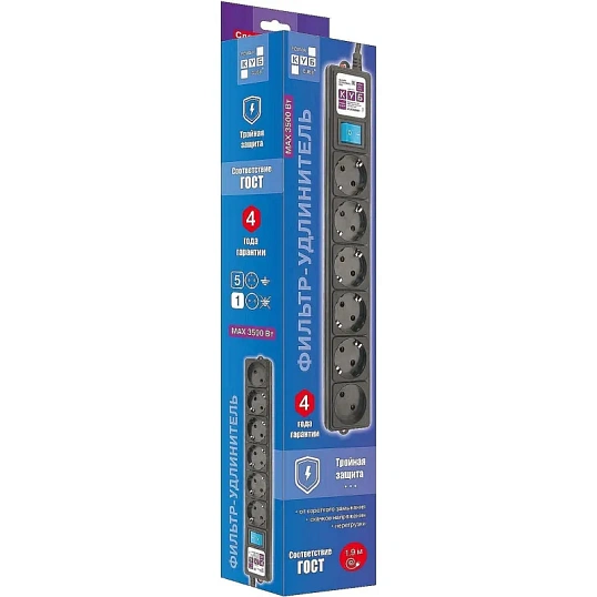 Сетевой фильтр Power Cube 6р/1,9м, 16А/3.5кВт,3x1,0, черн(SPG6-B1,9M)