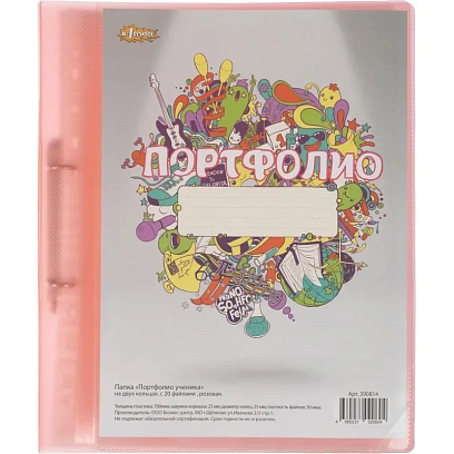 Папка адресная Портфолио ученика на 2 ух кольцах, с 20 файлами,роз
