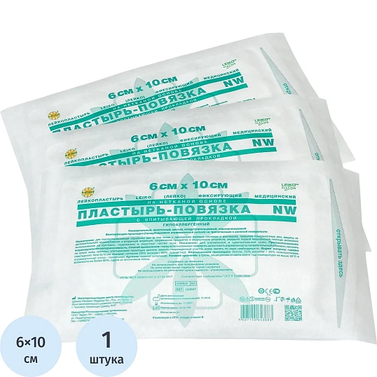Пластырь-повязка неткан основа впит подушка 6x10см LEIKO
