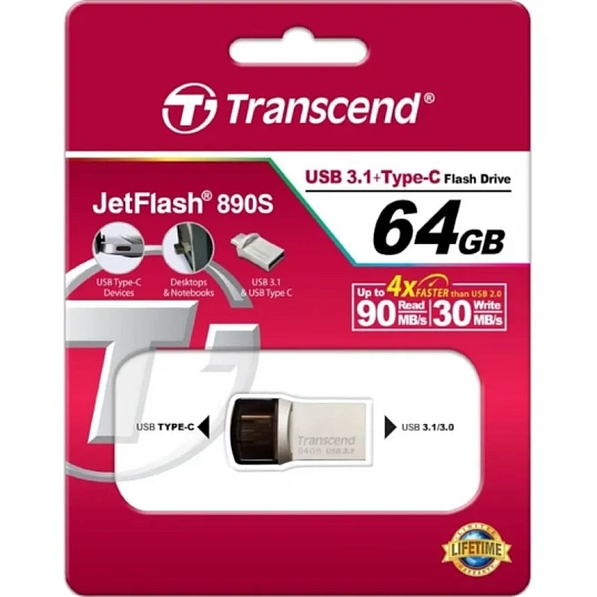Флеш-память Transcend JetFlash 890, 128Gb, USB 3.1 G1, Type-C, TS128GJF890S