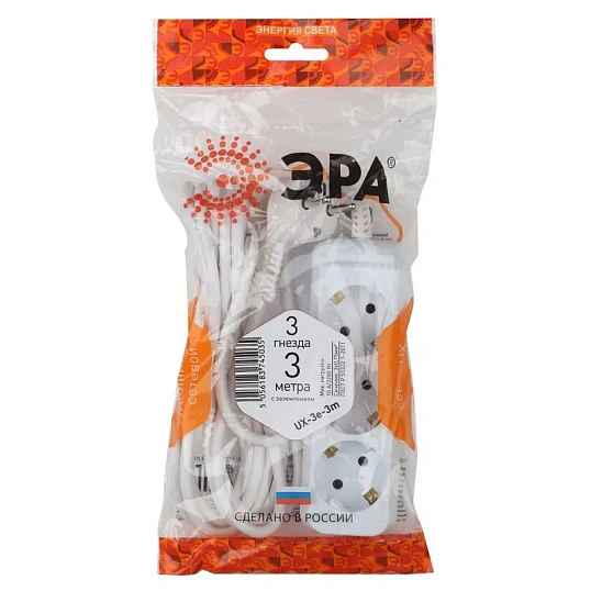 Удлинитель ЭРА, 3 роз/3м/3х0.75мм/10А/2200Вт, с заземл, белый, UX-3e-3m