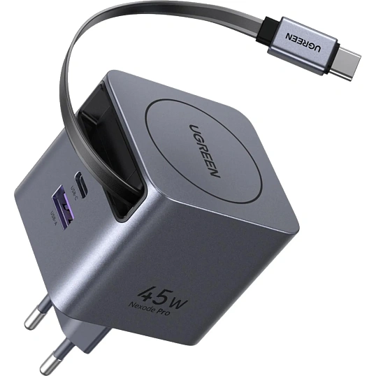 Зарядное устройство UGREEN X614(65822),выдв каб,45W GaN,USB-C&A,сер косм