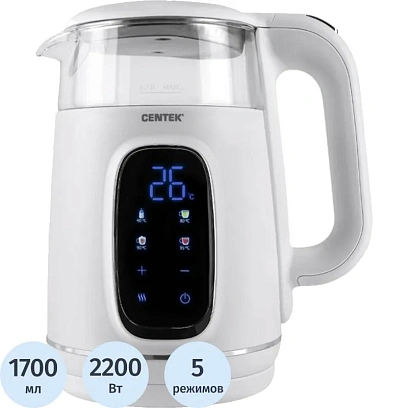 Чайник Centek CT-0052 White 1,7л 2200Вт,2стенки LED-дисплей, 40/80/90/100С