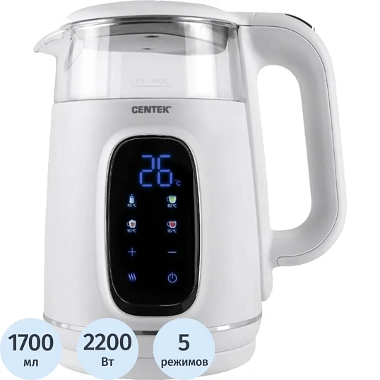 Чайник Centek CT-0052 White 1,7л 2200Вт,2стенки LED-дисплей, 40/80/90/100С