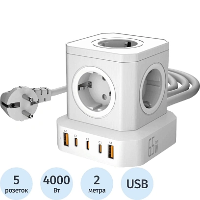 Сетевой фильтр AGNI 5р/2м,белый, 2USB +3Type-C 65(TP-VE5U5E-C-2m-white)