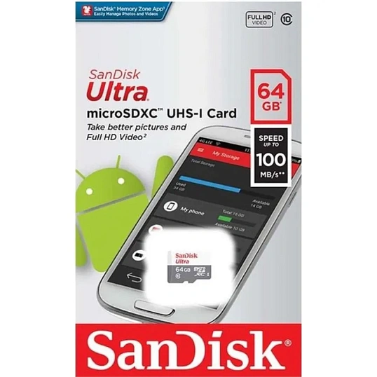 Карта памяти SanDisk Ultra microSDXC UHS-I Cl10, SDSQUNR-064G-GN3MN