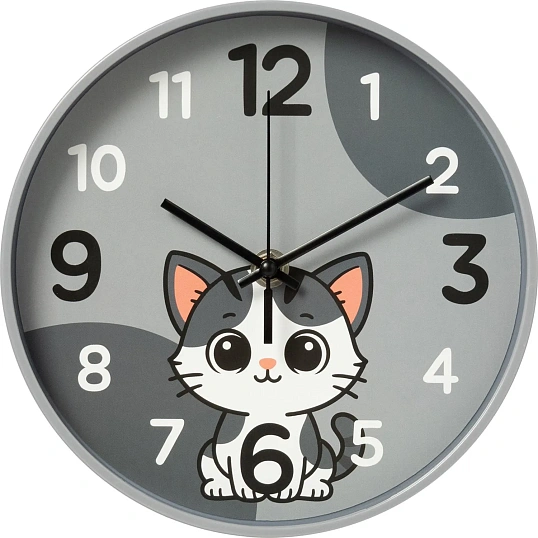 Часы настенные Котик d195мм, круг, корпус серый 2019-009