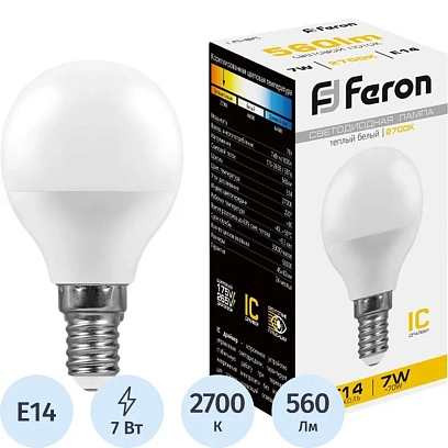 Лампа светодиодная Feron LB-95 Шарик E14 7W 175-265V 2700K(25478)