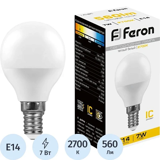 Лампа светодиодная Feron LB-95 Шарик E14 7W 175-265V 2700K(25478)