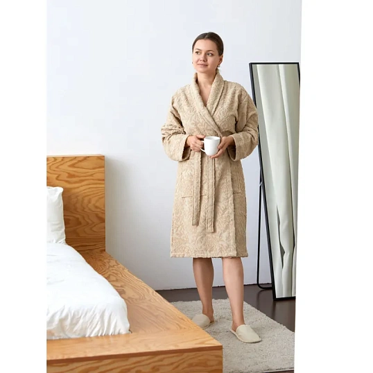 Халат  Махровый  ROESIA Шалевый Женский бежевый, L-XL, 300гр/м2