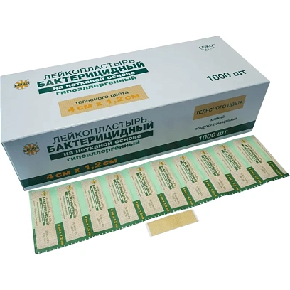 Лейкопластырь бактериц. 4х1,2см  на нетк. основе, телесный, Leiko 1000шт/уп