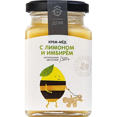 Крем-мед Медовый Дом натуральный цветочный с лимоном и имбирем стекло, 320г