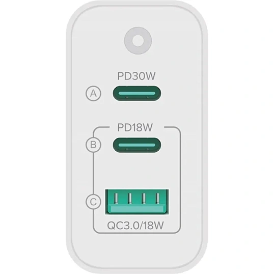 Зарядное устройство сетевое PERO TC14 USB-A QC3.0 + 2х USB-C PD, 48W белый