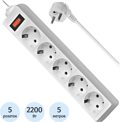 Сетевой фильтр Defender  ES 5 5 м, белый, 5 розеток(99483)