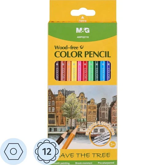 Карандаши цветные M&G  пластиковые шестигранные, 12 цв в наборе