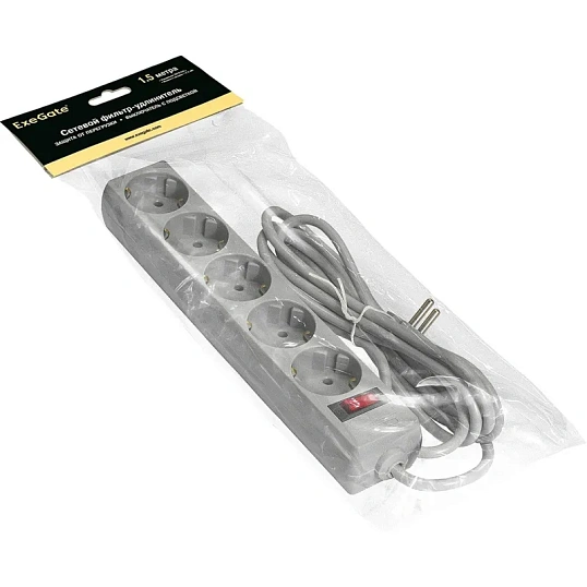 Сетевой фильтр ExeGate SP-5-1.5G 5р/1.5м, 10А/2,2кВт, серый(EX266862RUS)