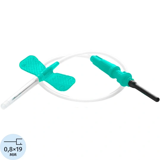 Игла-бабочка 21G (0,8х19мм) 19см зеленая, луер-адаптер Lind-Vac 100шт/уп