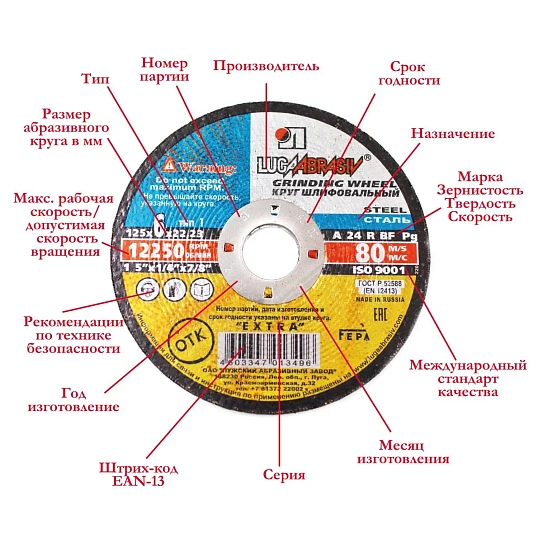 Диск зачистной по металлу ЛУГА d230х6х22.2мм, А24, EXTRA, 10шт/уп. (2126)