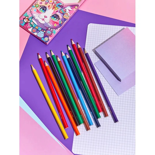 Карандаши цветные Комус Класс Kitty stickers 12 цв, 3мм, трехгранные, дер