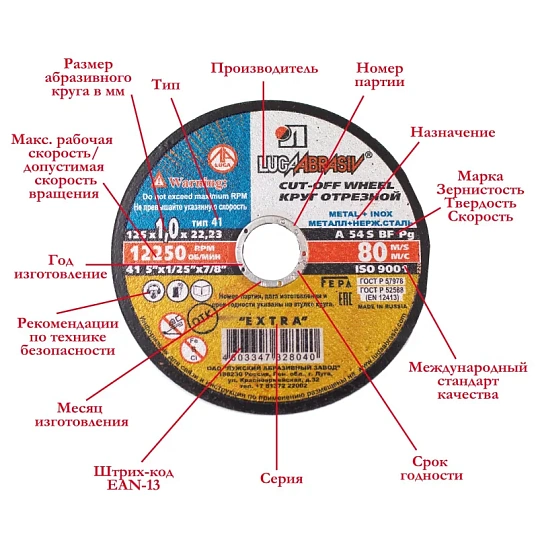 Диск отрезной по мет/нерж.ст. ЛУГА d230х2х22.2мм, А36,EXTRA,25шт/уп. (3369)
