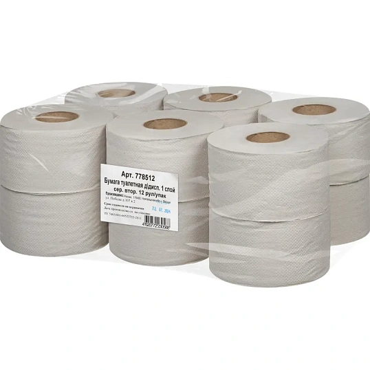 Бумага туалетная д/дисп 1сл сер втор 200ф 12рул/уп 0024А
