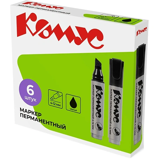 Маркер перманентный Комус PY2312, скошенный наконечник, 4-12 мм, черный