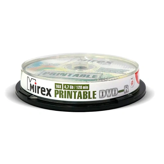 Носители информации DVD-R Printable, 16x, Mirex, Cake/10, UL130028A1L