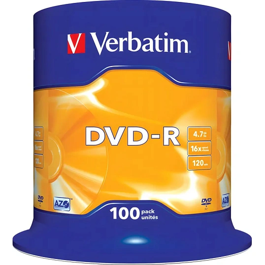 Носители информации DVD-R, 16x, Verbatim Azo Matt Silver, Cake/100, 43549