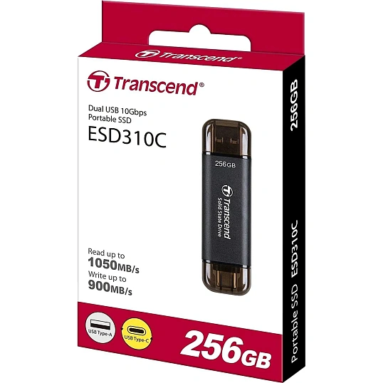 Портативный SSD Transcend 256Gb, USB 10Gbps, Type-C/Type-A, Черный