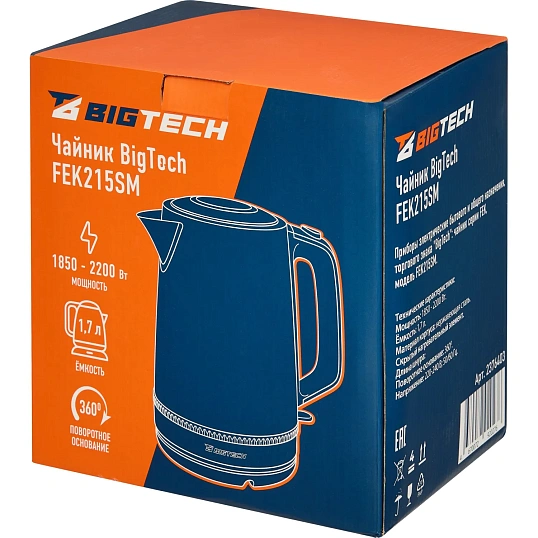 Чайник BigTech FEK215SМ, 1,7, 2200,Strix, металл