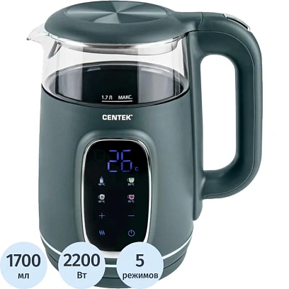 Чайник Centek CT-0052 Green 1,7л 2200Вт,2стенки LED-дисплей, 40/80/90/100С
