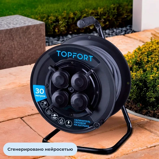 Удлинитель Topfort пласт. КГ 3x2,5 кв.мм 30м 16А 4 гнезда с/з.,с/загл.,IP44